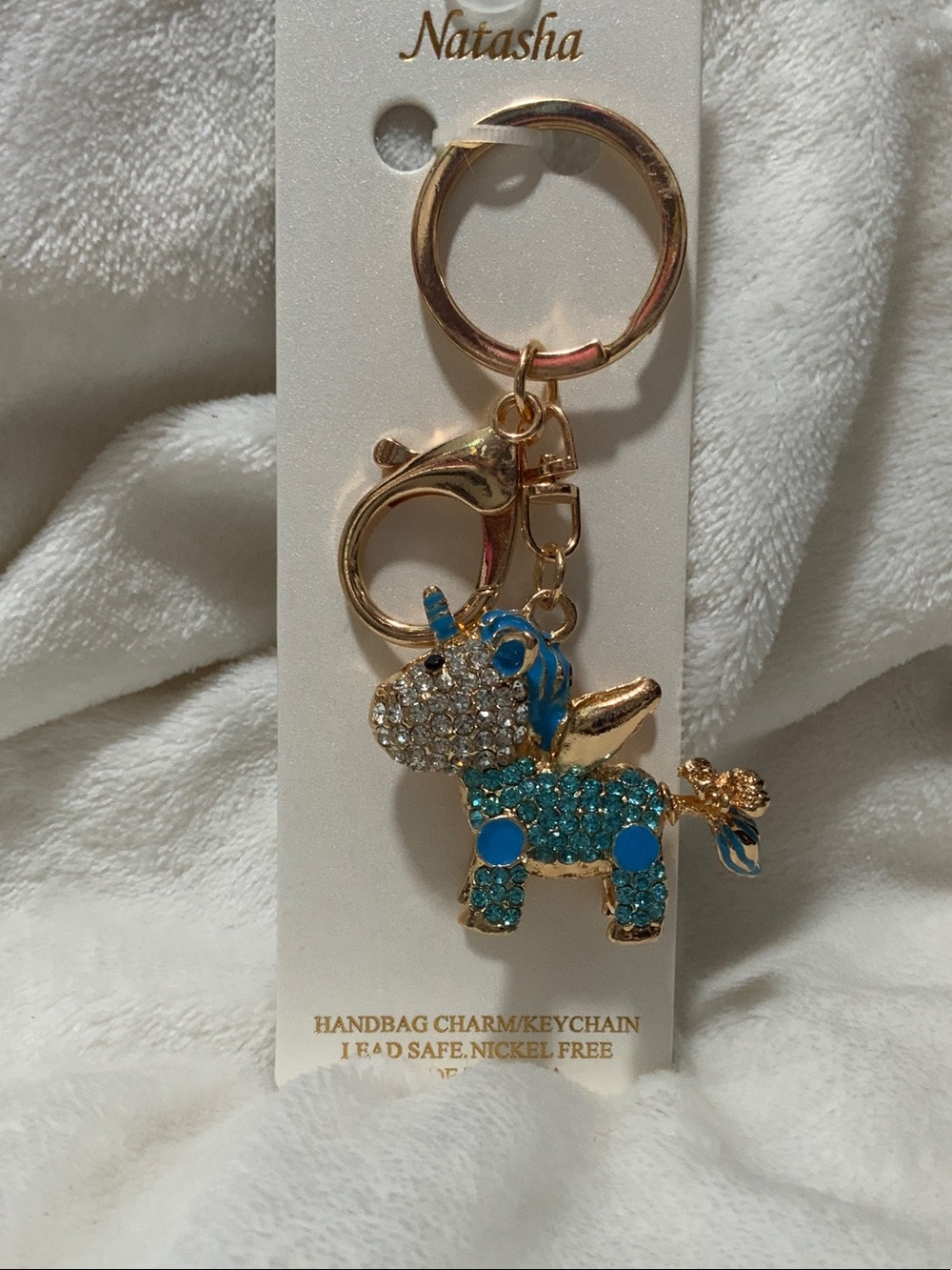 Natasha Couture Gold-Tone Blue Crystal Unicorn Bag Charm